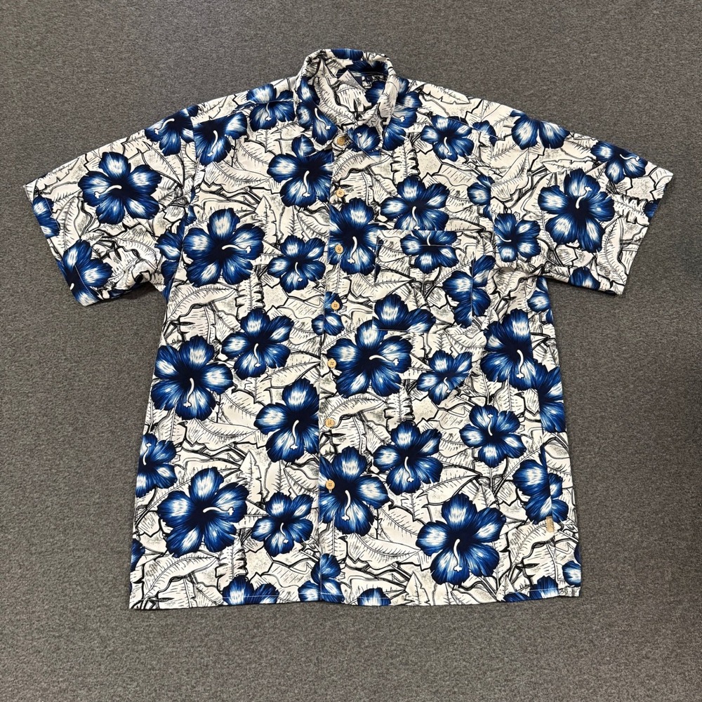 90s Sideout Hibiscus Hawaiian Shirt Mens Large Blue Excellent Tropical Button Up